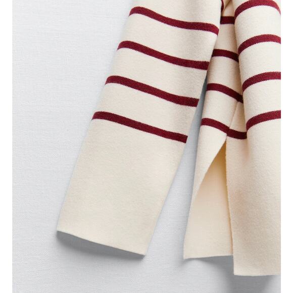 NWT Zara Oversized Striped Knit Polo Sweater Ecru Red Size Small Collared Top - Picture 14 of 16